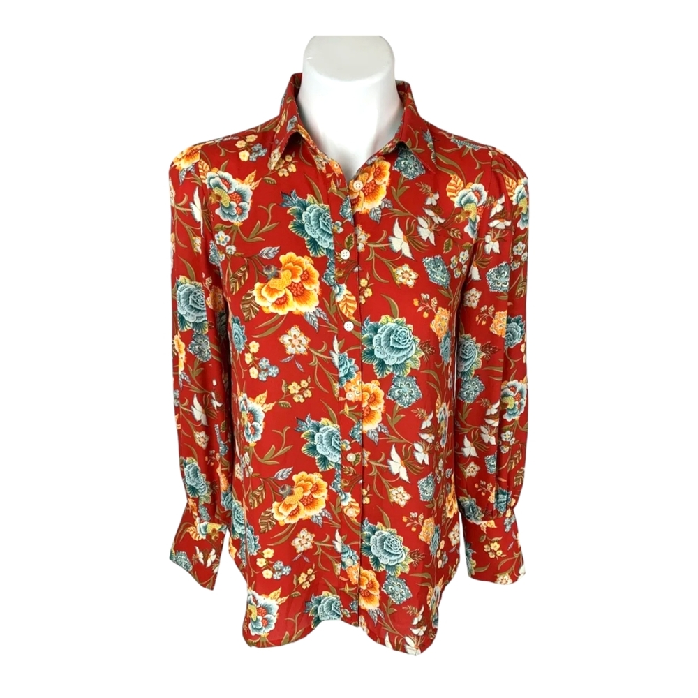 Ann Taylor LOFT Red Floral Print Button Down Blouse Medium Orange Teal Flowers